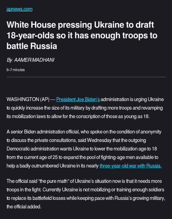 2024-12-04 White House urges Ukraine to draft 18-year-olds to increase size of military AP News.png